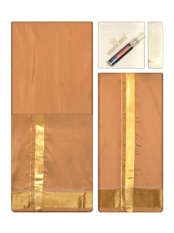 Men's Premium Art Silk Dark Gold Shirt Bit with Gold Jari Border Dhoti Towel Combo Wedding Wonders