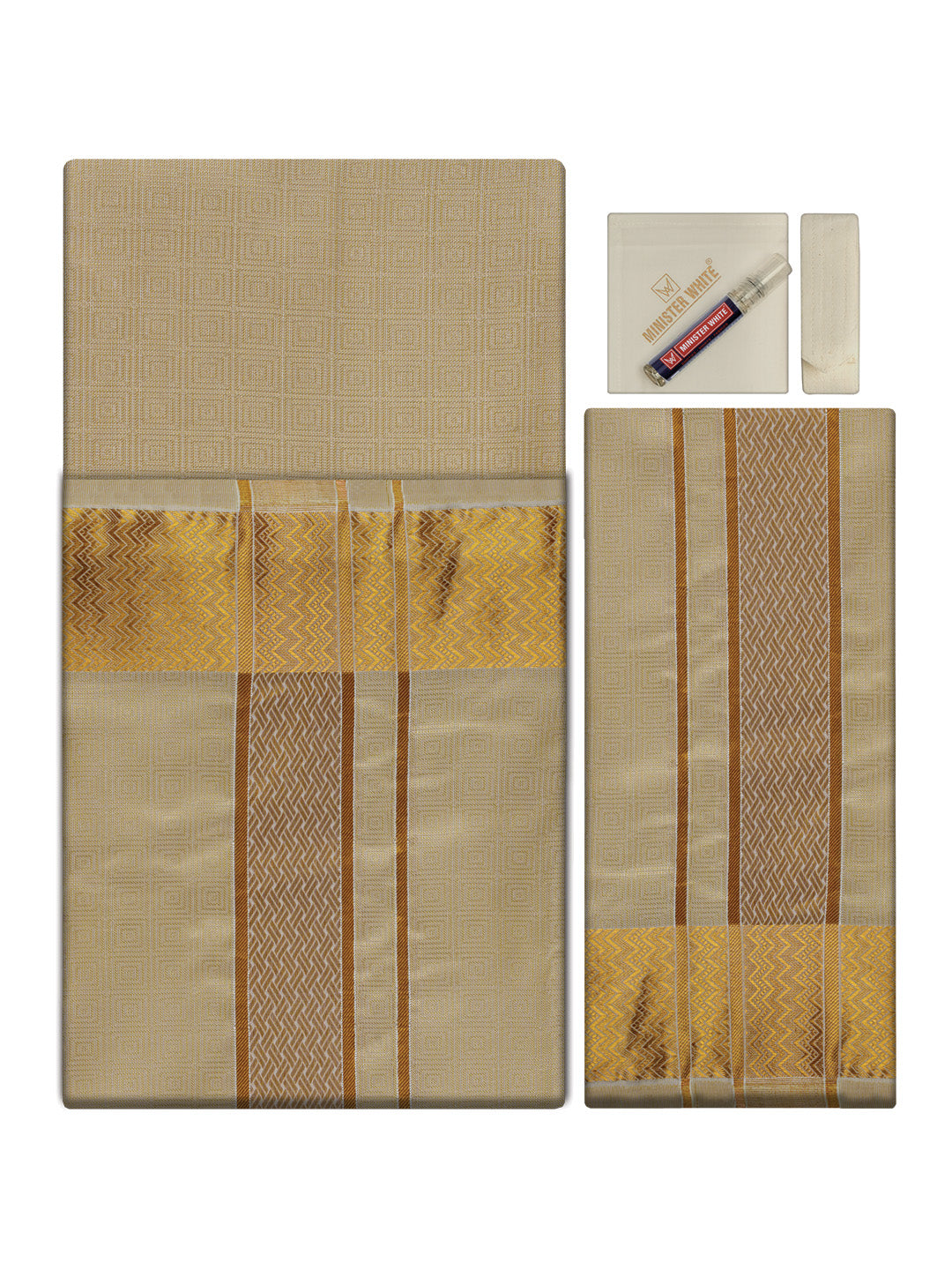 Men's Premium Art Silk Fawn Shirt Bit with 2 1/2" Gold Jari Border Dhoti Towel Combo Sieger