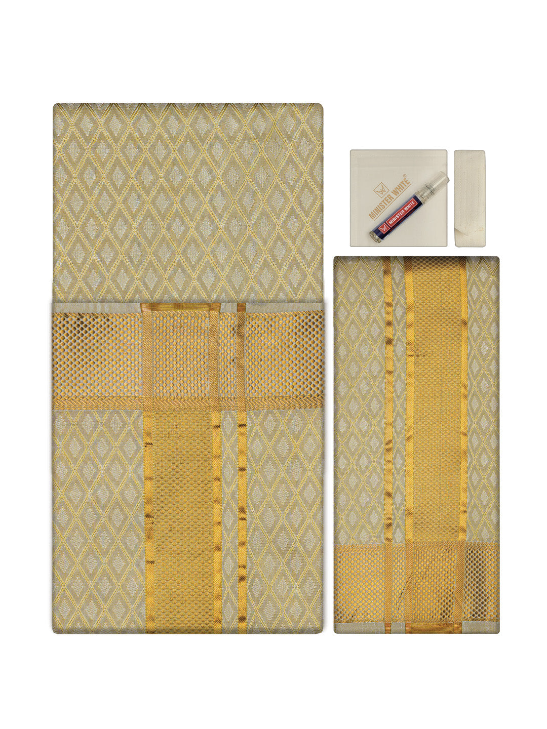 Men's Premium Art Silk Fawn Shirt Bit with 2 1/2" Gold Jari Border Dhoti Towel Combo Sweden