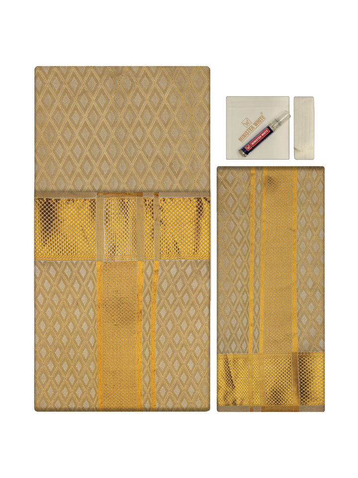 Men's Premium Art Silk Gold Shirt Bit with 2 1/2" Gold Jari Border Dhoti Towel Combo Sweden