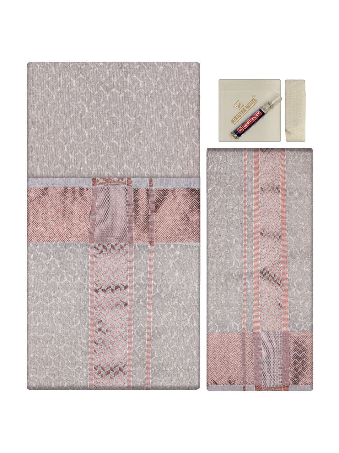 Men's Premium Art Silk Light Copper Shirt Bit with 2 1/2" Copper Jari Border Dhoti Towel Combo Sweden