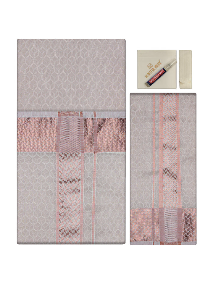 Men's Premium Art Silk Light Copper Shirt Bit with 2 1/2" Copper Jari Border Dhoti Towel Combo Sweden