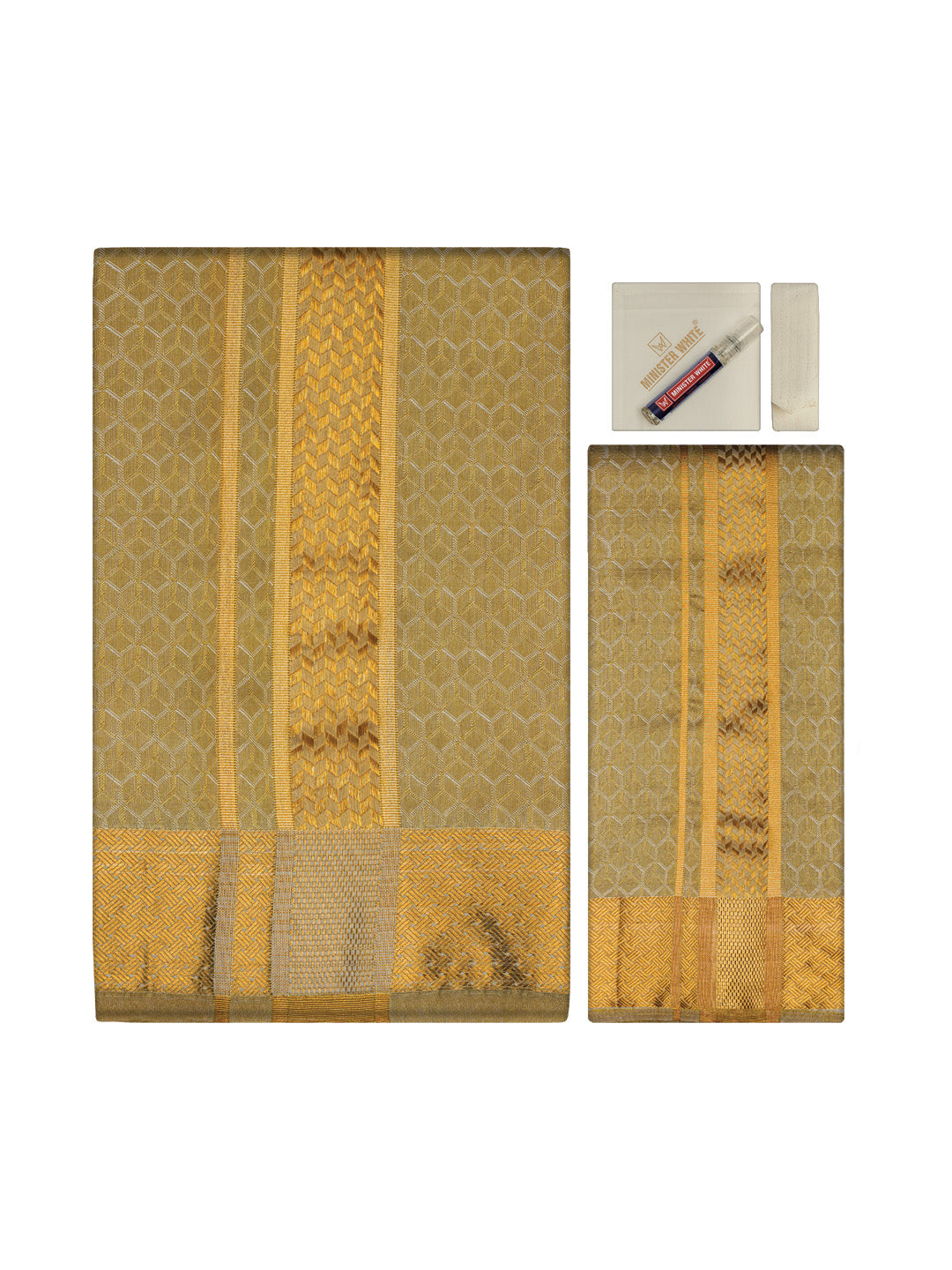 Men's Premium Art Silk Mango 2 1/2" Gold Jari Border Dhoti Towel Combo Sweden