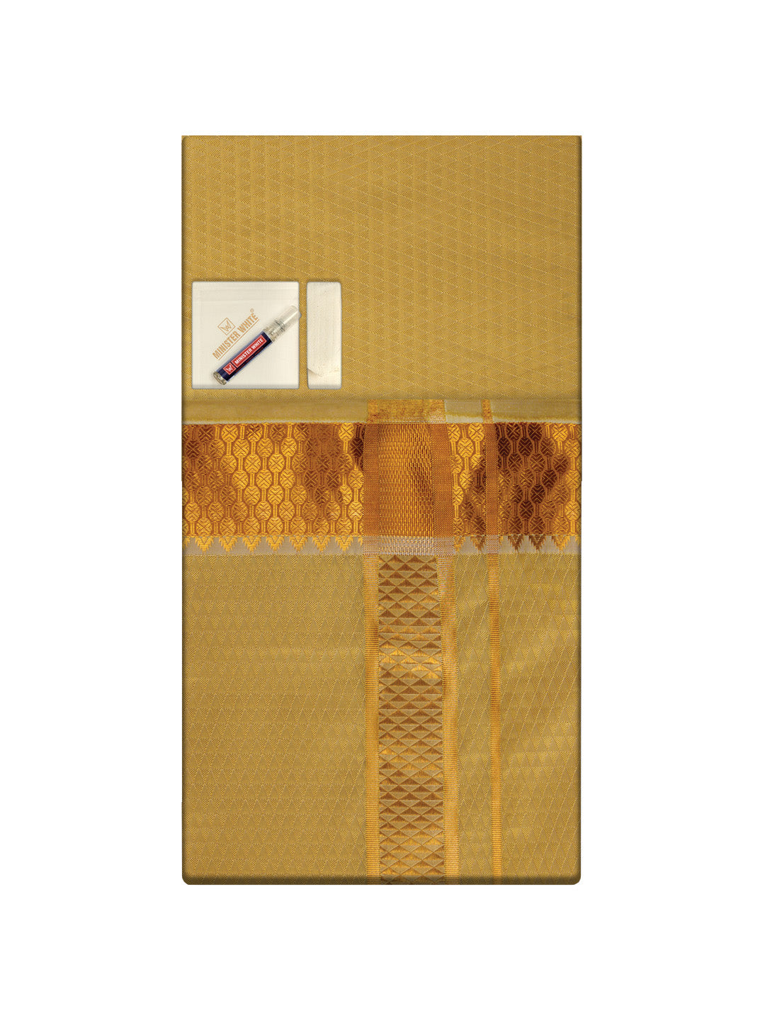 Men's Premium Art Silk Mango Shirt Bit with 2 1/2" Gold Jari Border Dhoti Combo Sieger