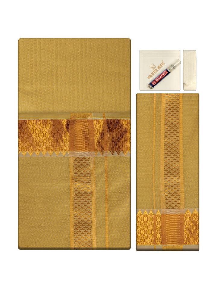 Men's Premium Art Silk Mango Shirt Bit with 2 1/2" Gold Jari Border Dhoti Towel Combo Sieger