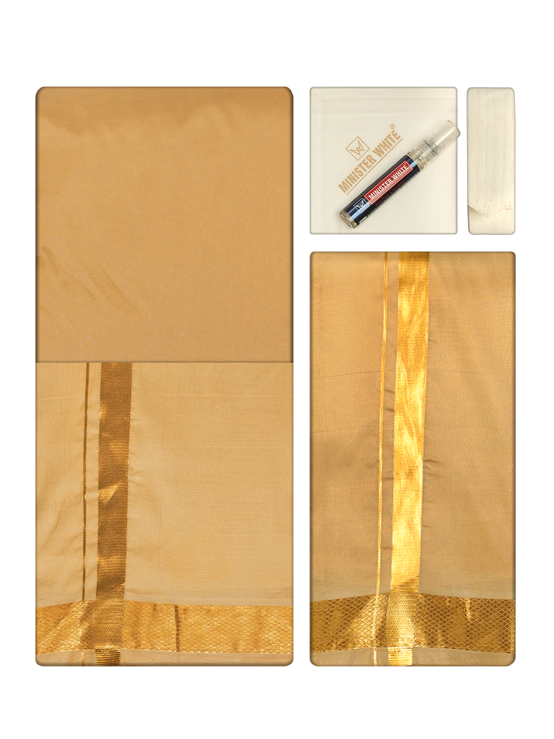 Men's Premium Art Silk Medium Gold Shirt Bit with Gold Jari Border Dhoti Towel Combo Wedding Wonders