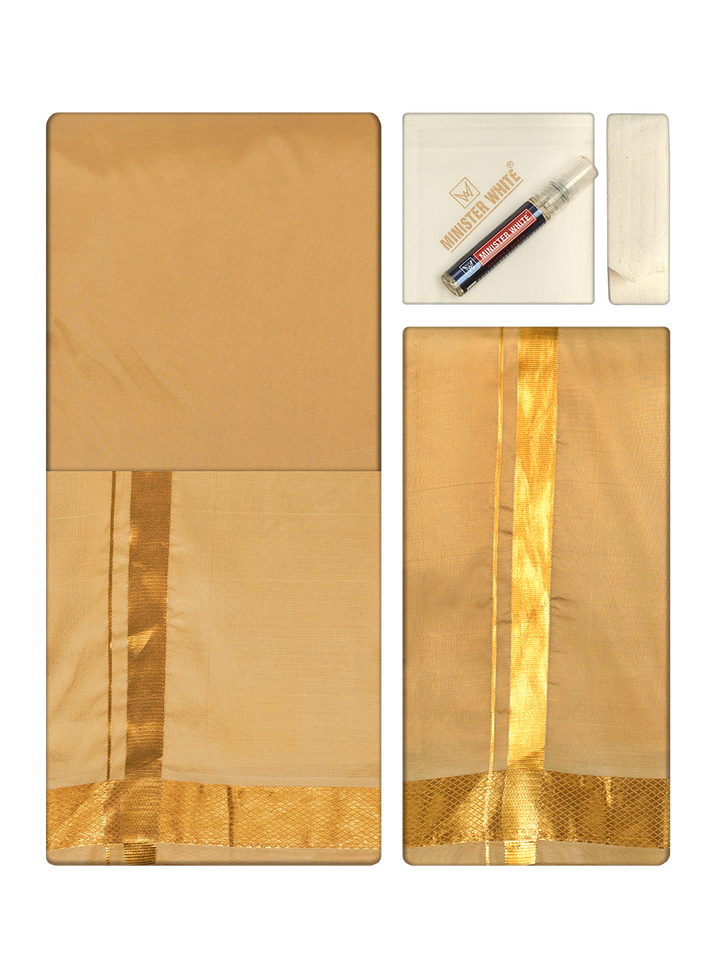 Men's Premium Art Silk Medium Gold Shirt Bit with Gold Jari Border Dhoti Towel Combo Wedding Wonders