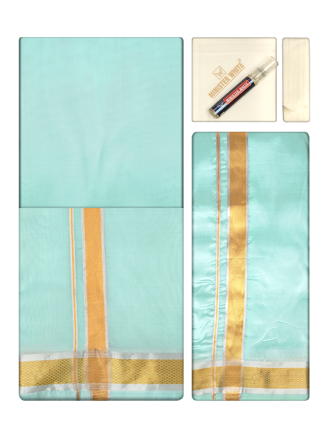 Men's Premium Art Silk Mint Leaf Green Shirt Bit with Gold Jari Border Dhoti Towel Combo Wedding Wonders