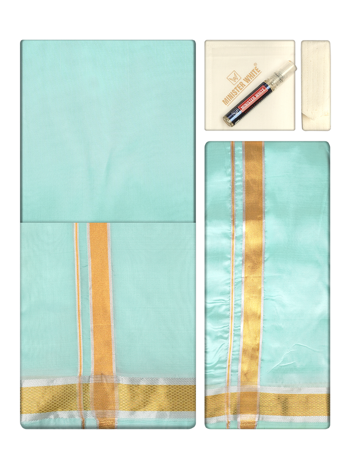 Men's Premium Art Silk Mint Leaf Green Shirt Bit with Gold Jari Border Dhoti Towel Combo Wedding Wonders