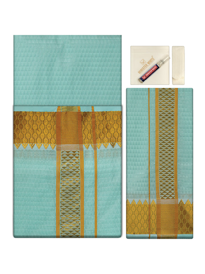 Men's Premium Art Silk Mint Shirt Bit with 2 1/2" Gold Jari Border Dhoti Towel Combo Sieger
