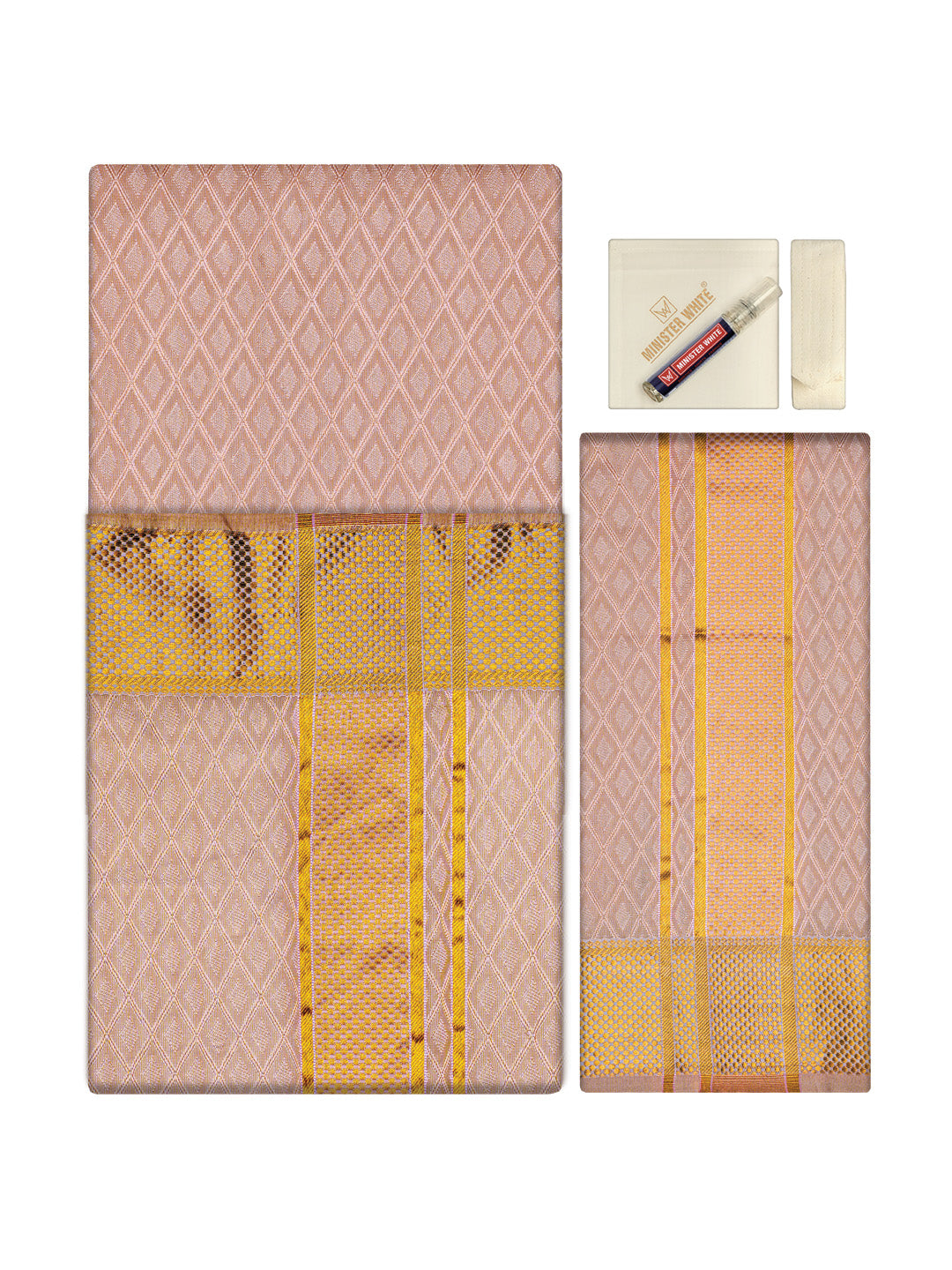 Men's Premium Art Silk Pink Shirt Bit with 2 1/2" Gold Jari Border Dhoti Towel Combo Sweden