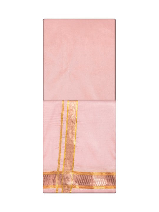 Men's Premium Art Silk Pink Shirt Bit with Gold Jari Border Dhoti Combo 