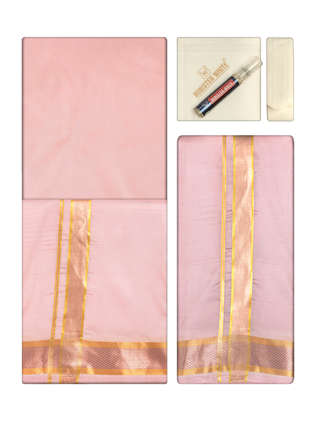 Men's Premium Art Silk Pink Shirt Bit with Gold Jari Border Dhoti Towel Combo Wedding Wonders