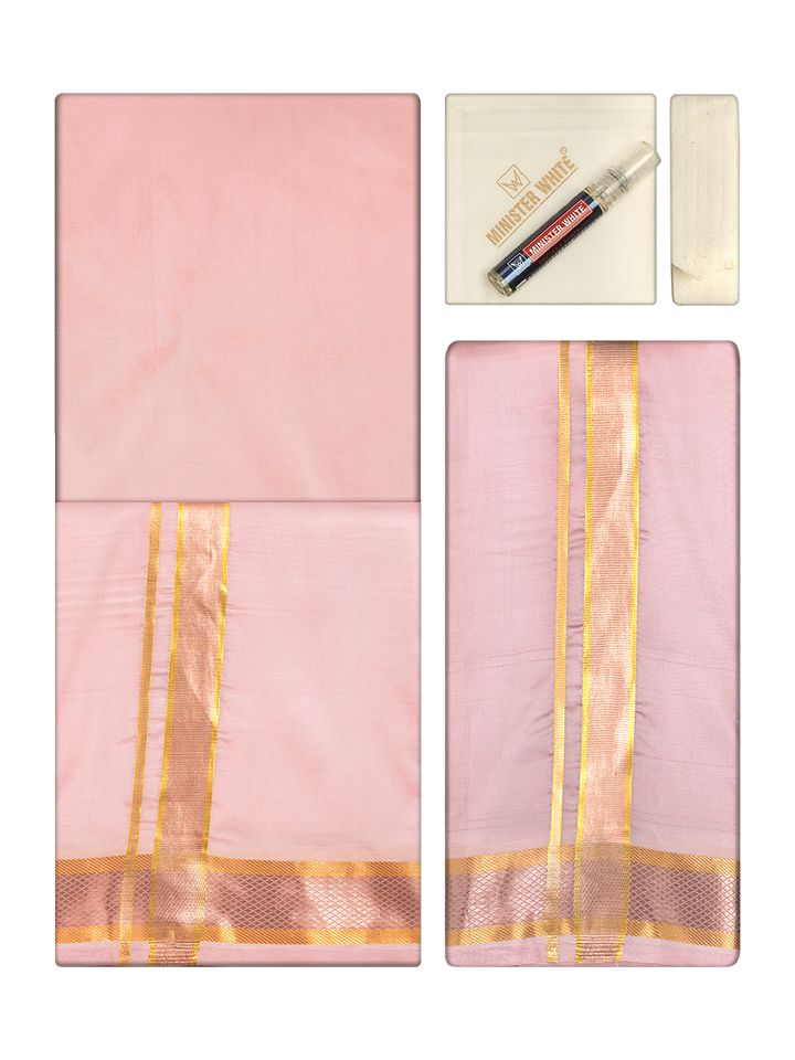 Men's Premium Art Silk Pink Shirt Bit with Gold Jari Border Dhoti Towel Combo Wedding Wonders