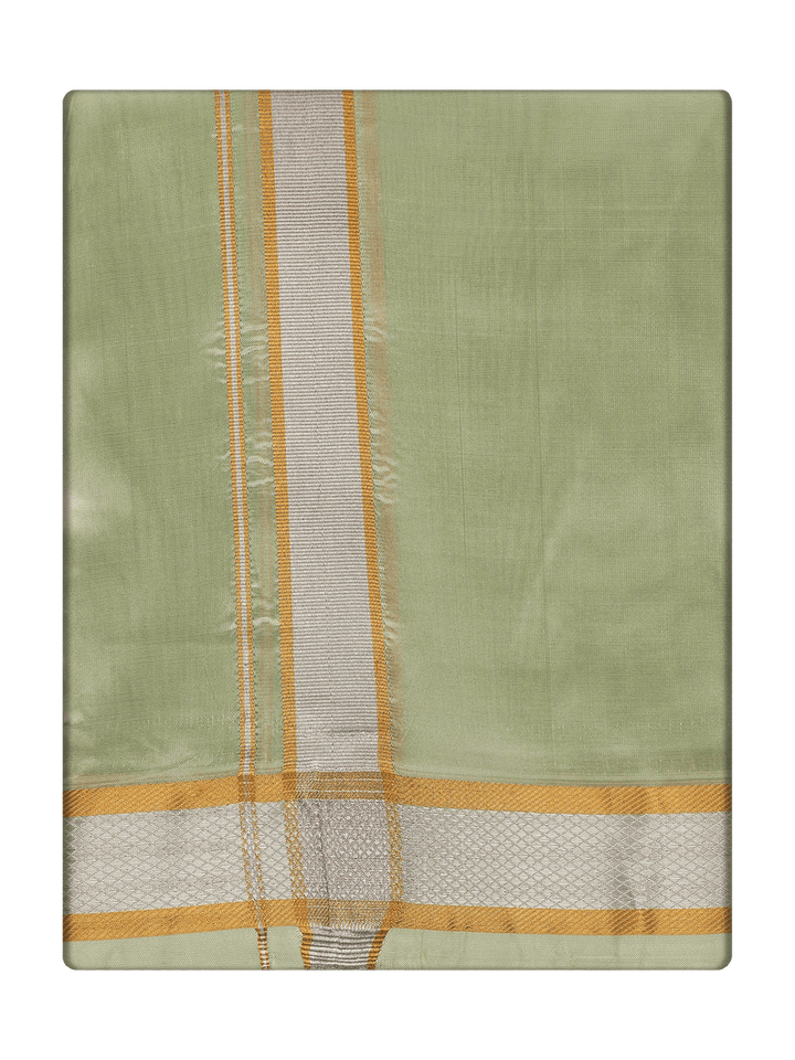 Men's Premium Art Silk Pista Green Gold and Silver Jari Border Dhoti Cherished Moments