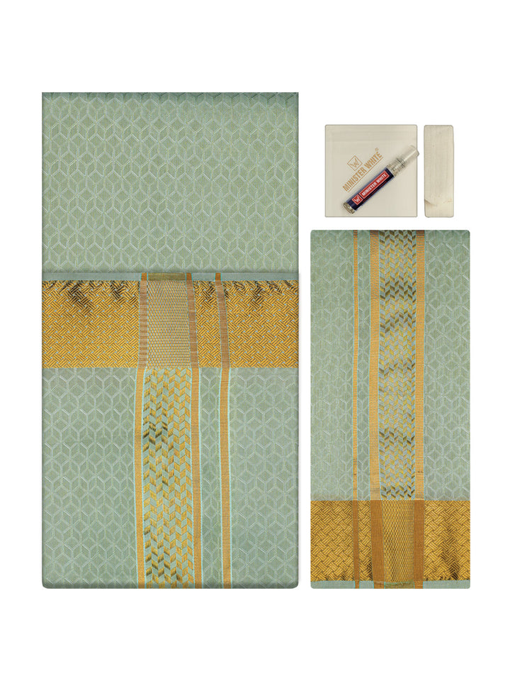 Men's Premium Art Silk Pista Green Shirt Bit with 2 1/2" Gold Jari Border Dhoti Towel Combo Sweden