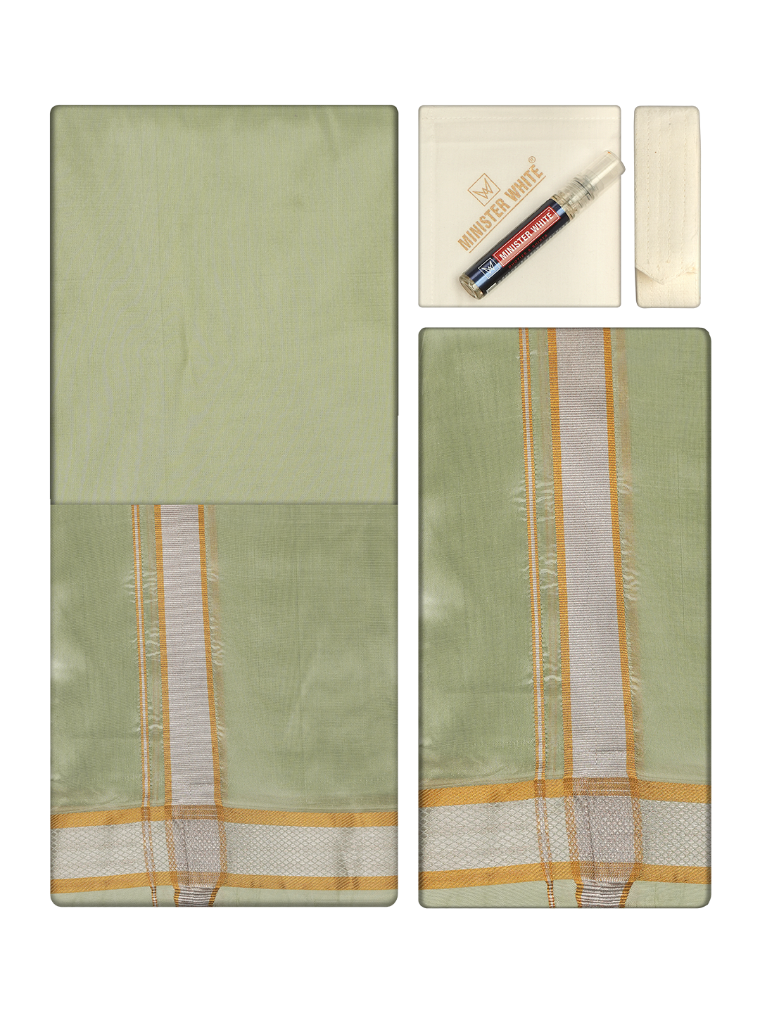 Men's Premium Art Silk Pista Green Shirt Bit with Gold Jari Border Dhoti Towel Combo Wedding Wonders