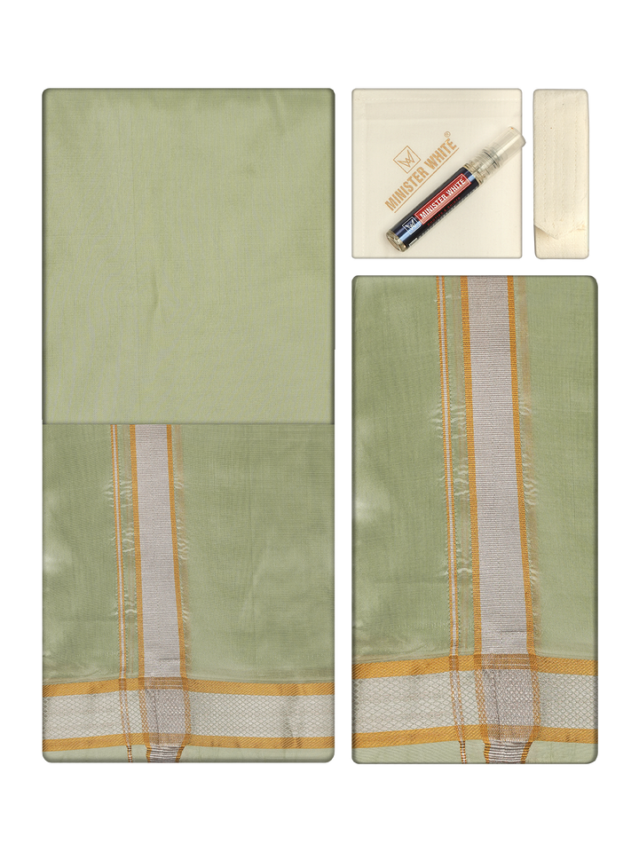 Men's Premium Art Silk Pista Green Shirt Bit with Gold Jari Border Dhoti Towel Combo Wedding Wonders