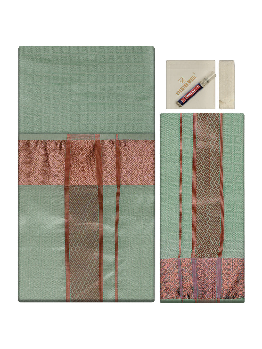 Men's Premium Art Silk Pista Shirt Bit with 2 1/2" Copper Jari Border Dhoti Towel Combo Sieger