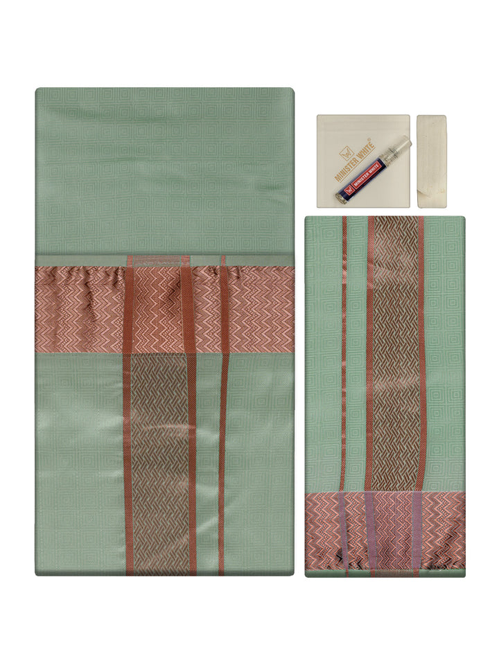 Men's Premium Art Silk Pista Shirt Bit with 2 1/2" Copper Jari Border Dhoti Towel Combo Sieger