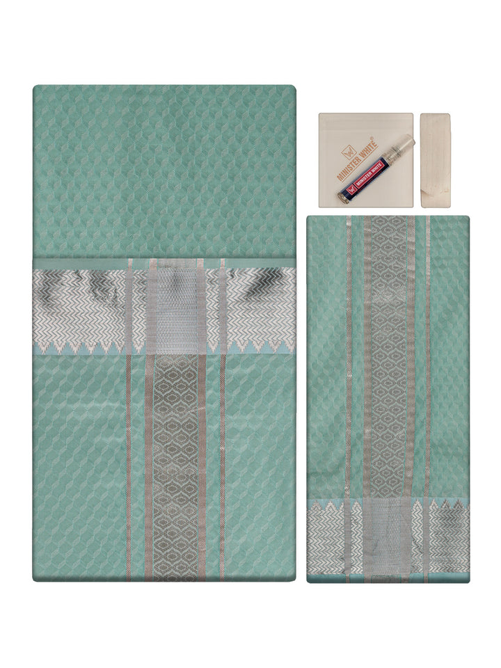 Men's Premium Art Silk Sea Green Shirt Bit with 2 1/2" Copper Jari Border Dhoti Towel Combo Sieger