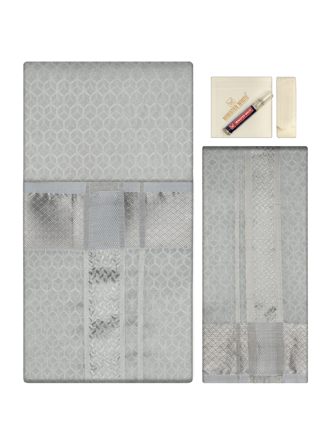 Men's Premium Art Silk Silver Shirt Bit with 2 1/2" Silver Jari Border Dhoti Towel Combo Sweden