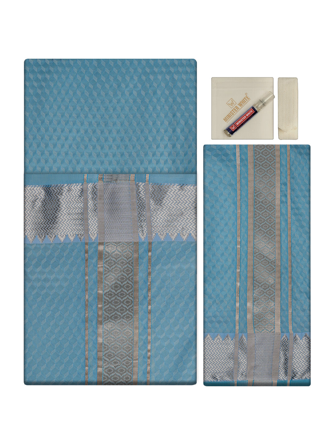 Men's Premium Art Silk Sky Blue Shirt Bit with 2 1/2" Silver Jari Border Dhoti Towel Combo Sieger