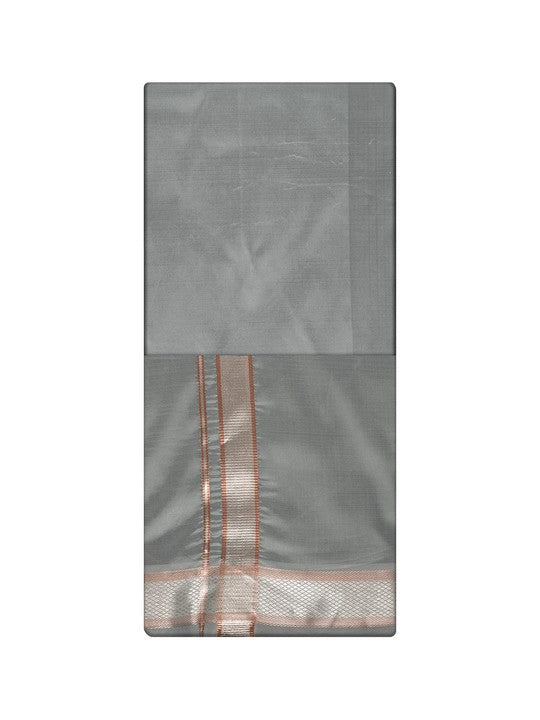 Men's Premium Art Silk Steel Grey Shirt Bit with Silver Jari Border Dhoti Combo Cherished Moments