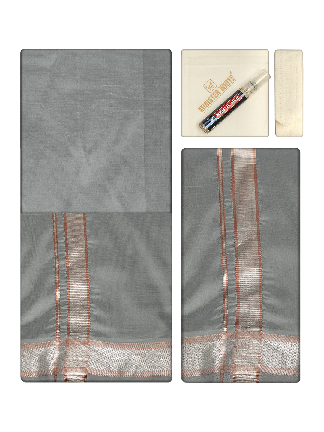 Men's Premium Art Silk Steel Grey Shirt Bit with Silver Jari Border Dhoti Towel Combo Wedding Wonders