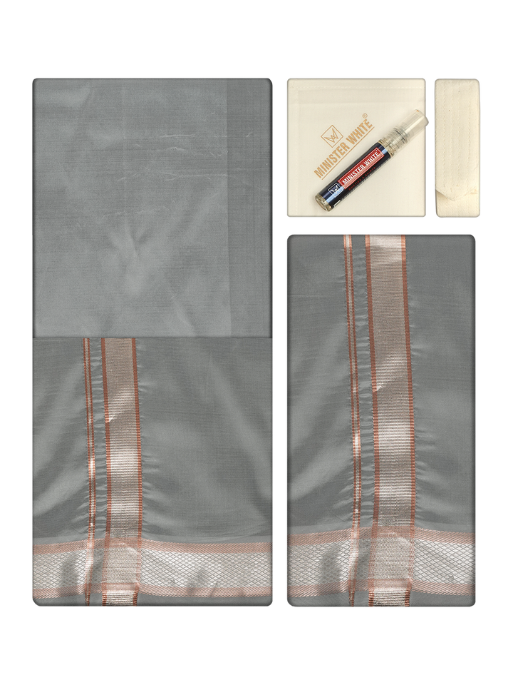 Men's Premium Art Silk Steel Grey Shirt Bit with Silver Jari Border Dhoti Towel Combo Wedding Wonders