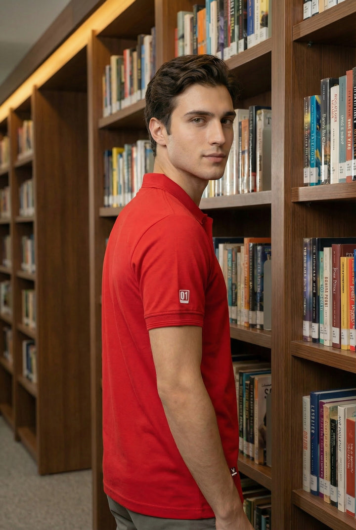 Men's Red Dry Fit Polo T-Shirt Rover side pose