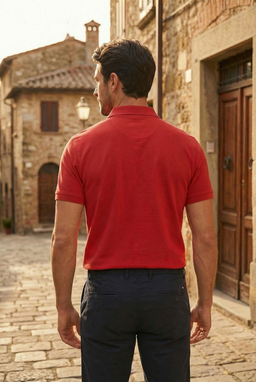 Men's Red Regular Fit Polo T-Shirt with Pocket Striker back pose