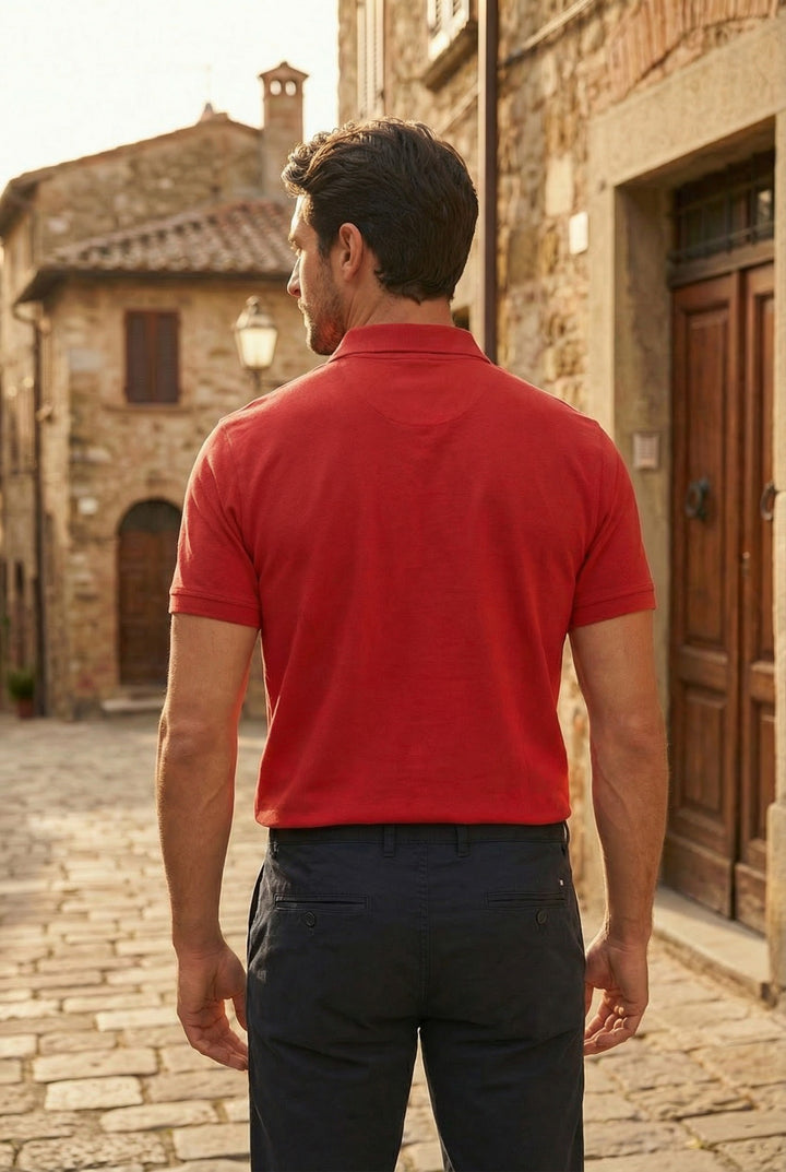 Men's Red Regular Fit Polo T-Shirt with Pocket Striker back pose