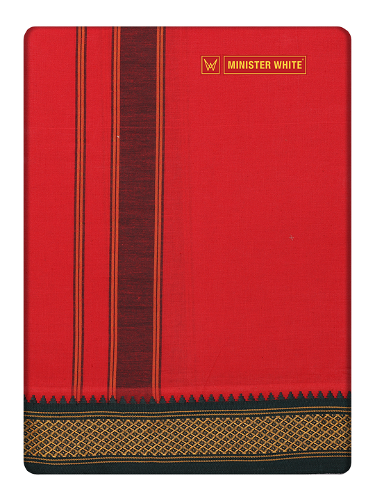 Men's Red color Cotton Single Layered Dhoti with Assorted Border Sendan