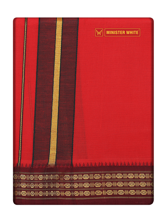 Men's Red color Cotton Single Layered Dhoti with Assorted Border Shanmukh