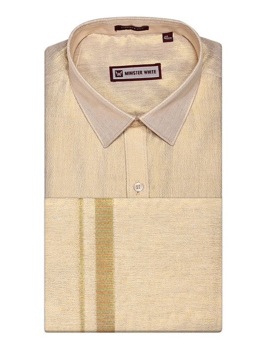 Men's Tissue Gold Shirt & Jari Border Dhoti Festive And Wedding Combo Monarch
