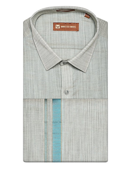 Men's Tissue Mint Blue Shirt & Jari Border Dhoti Festive And Wedding Combo Herman