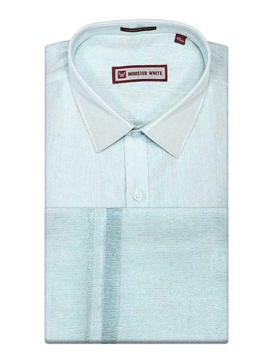 Men's Tissue Mint Blue Shirt & Jari Border Dhoti Festive And Wedding Combo Monarch