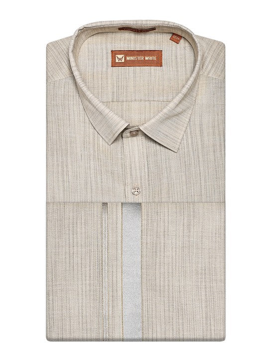 Men's Tissue Silver Shirt & Jari Border Dhoti Festive And Wedding Combo Herman