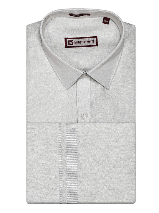 Men's Tissue Silver Shirt & Jari Border Dhoti Festive And Wedding Combo Monarch