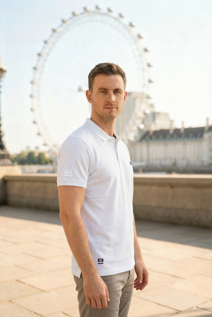 Men's White Dry Fit Polo T-Shirt Rover side pose