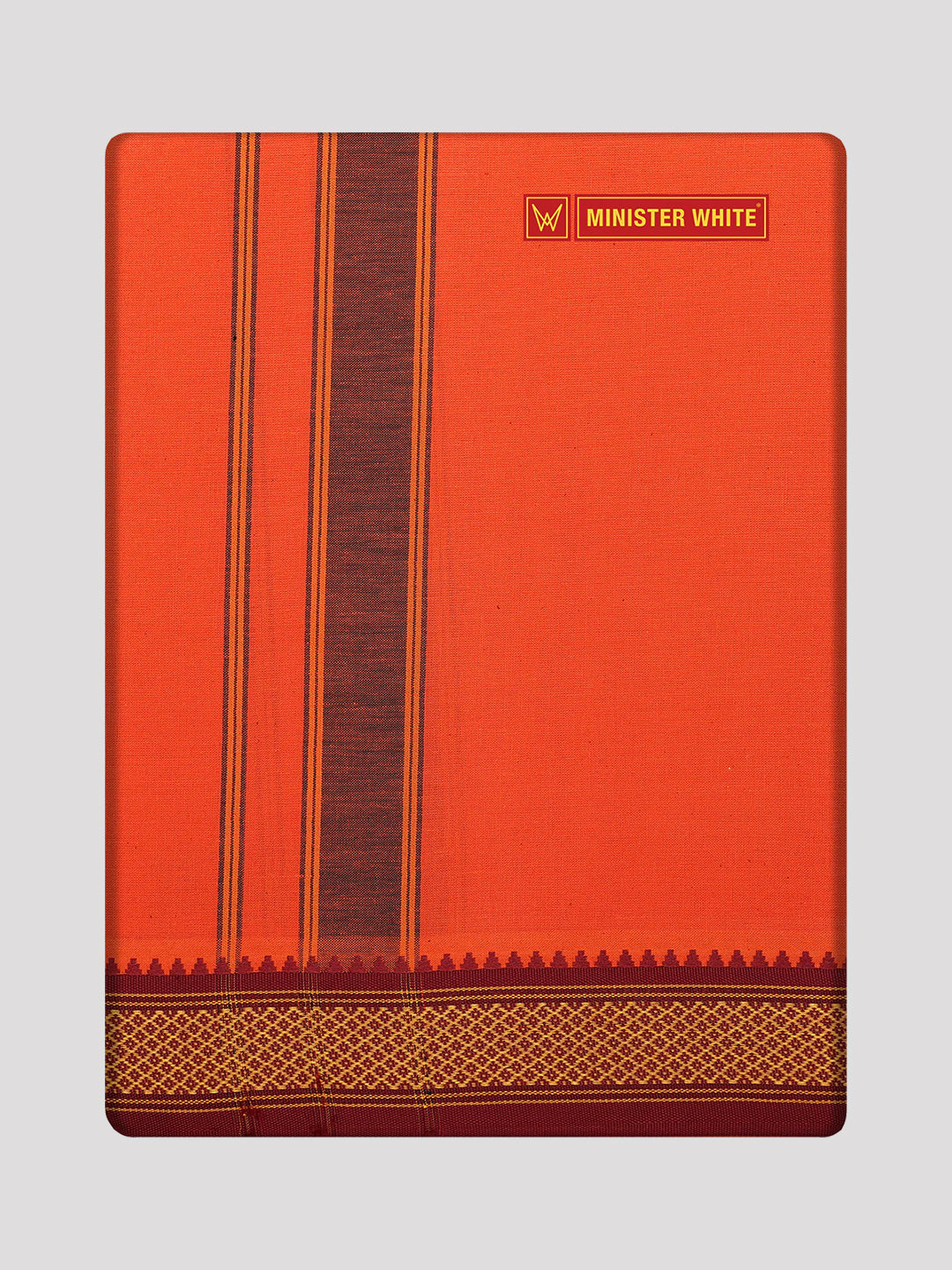 Men's Orange color Cotton Single Layered Dhoti with Assorted Border Sendan