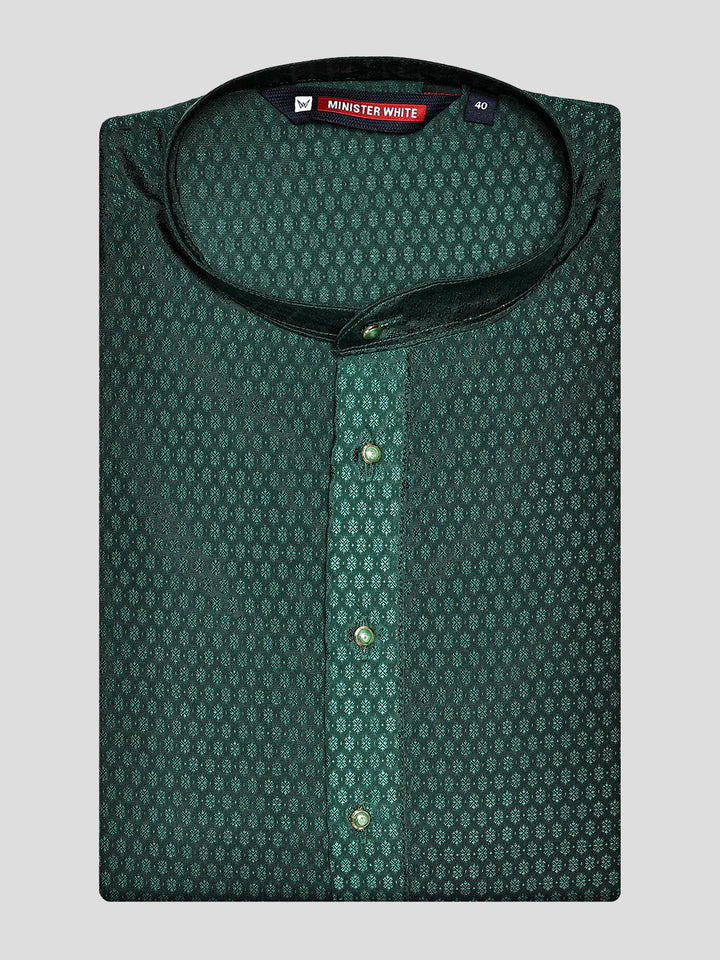 Men’s Bottle Green Jacquard Printed Mandarin Collar Kurta 11007