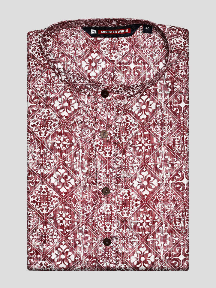 Men’s Maroon and White Printed Cotton Heritage Pattern Kurta 30016