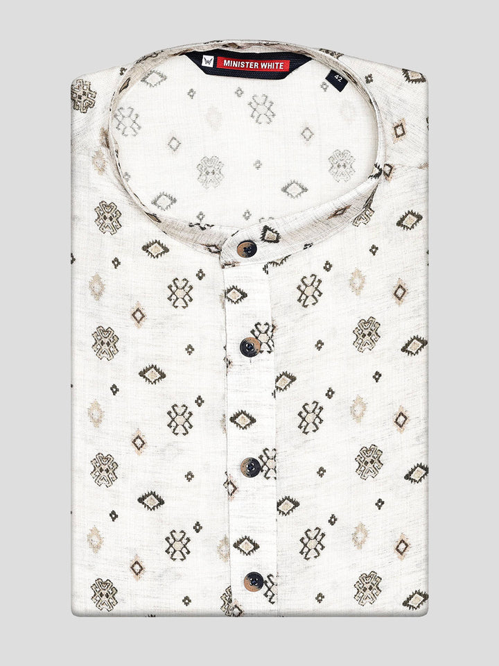 Men’s Off-White Cotton Printed Kurta with Geometric Accents 30045