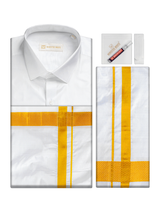 Men's Pure Silk Wedding White Shirt, Dhoti, Nerial with Belt Combo - Nesam 80K