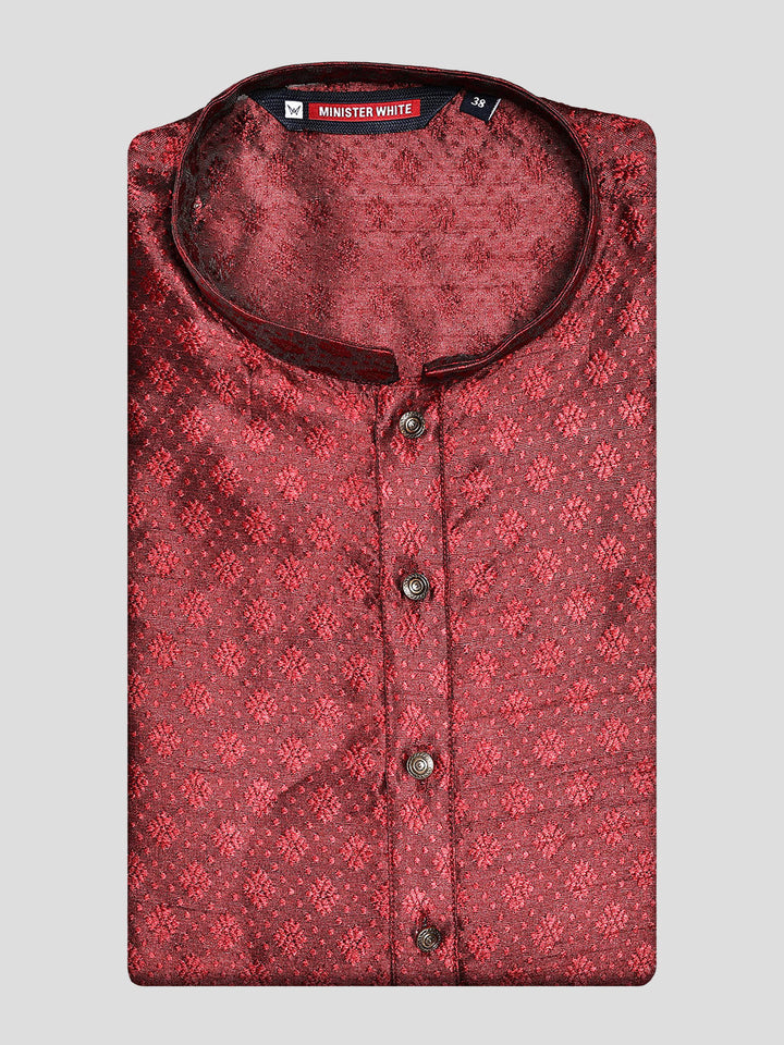 Men's Red Cotton Blend Jacquard Shine Finish Kurta 30007