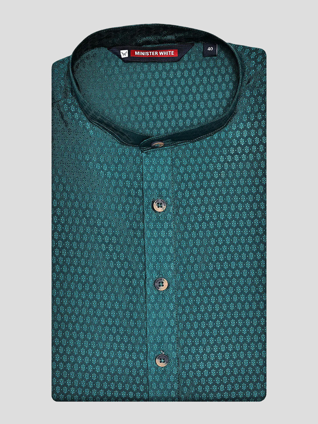 Men’s Teal Green Jacquard Printed Mandarin Collar Kurta 11007