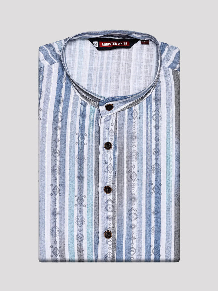 Men’s White & Blue Striped Ikat Printed Mandarin Collar Cotton Kurta 11003