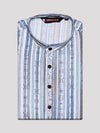 Men’s White & Blue Striped Ikat Printed Mandarin Collar Cotton Kurta 11003